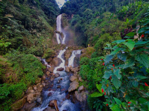 Majestic Waterfall Cascading Through Lush Green Jungle Landscape.